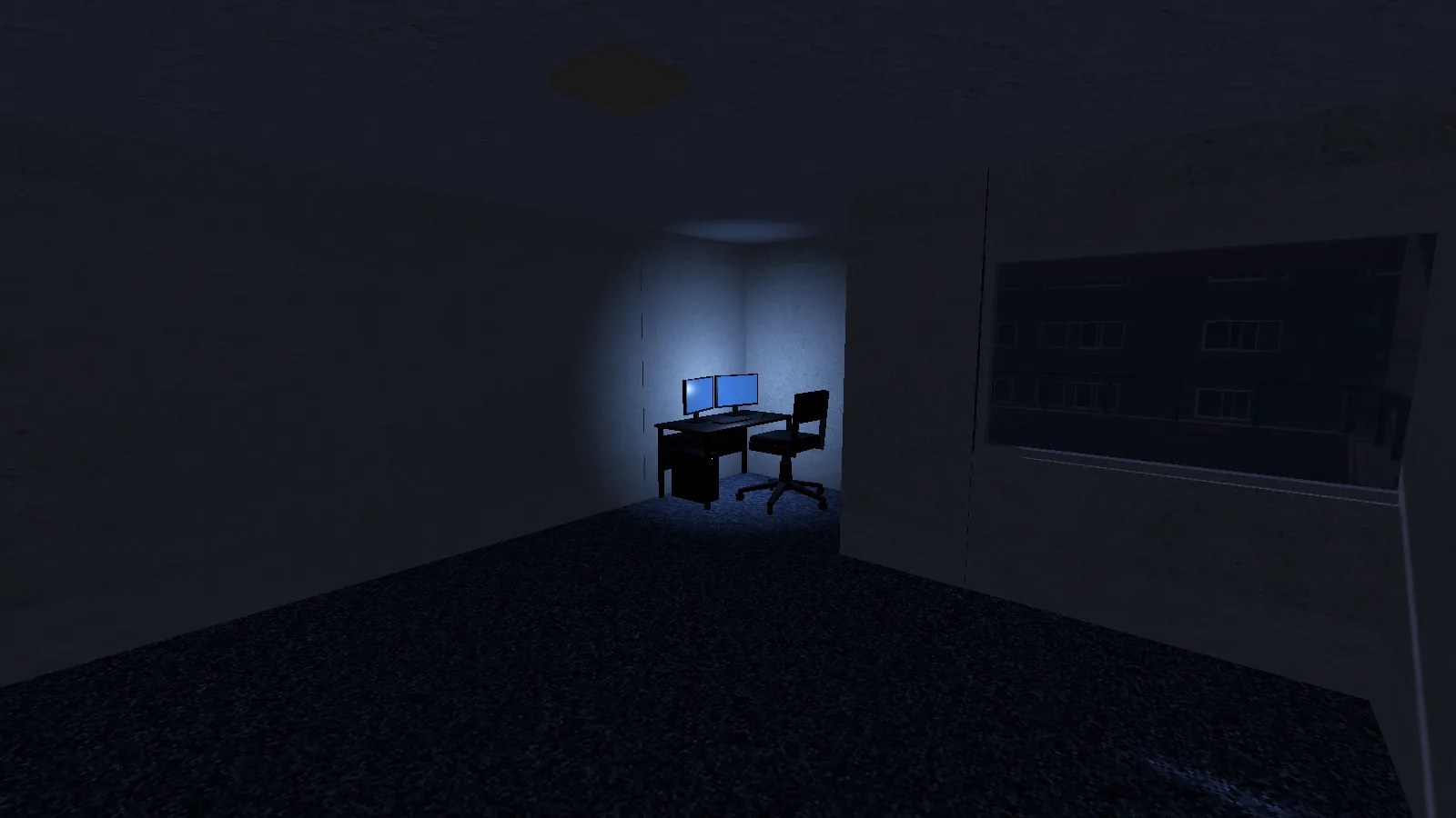 A dark living room at night, with a desk in the far corner lit by two monitors.