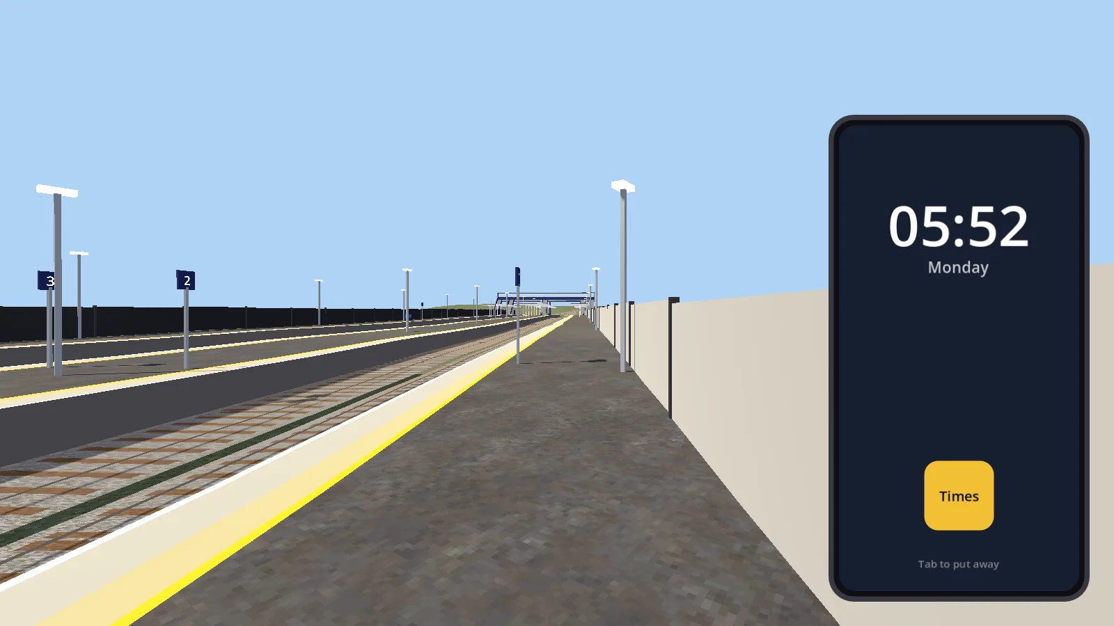 A phone held up on a station platform, its lock screen reading 05:52, Monday.